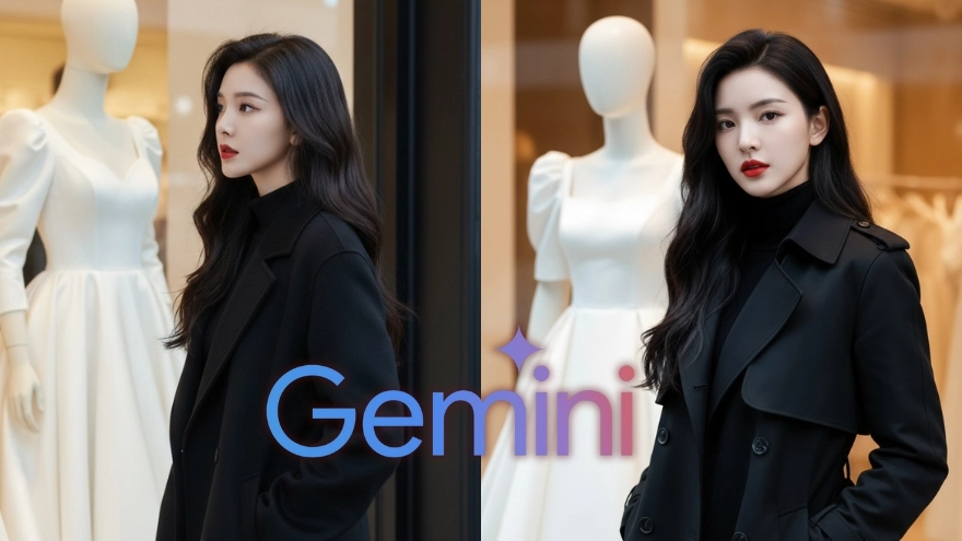Câu lệnh Gemini tạo ảnh cô gái đứng trước bộ váy cưới