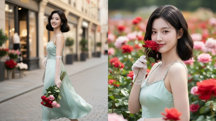 Câu lệnh Gemini tạo ảnh nàng thơ váy lụa view thành phố