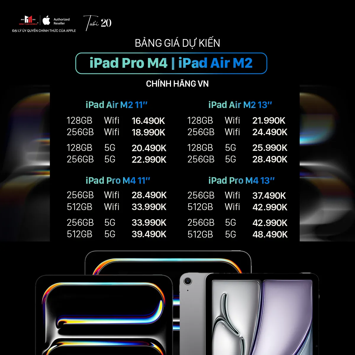 Bảng giá dự kiến ​​iPad Air m2 và iPad Pro M4