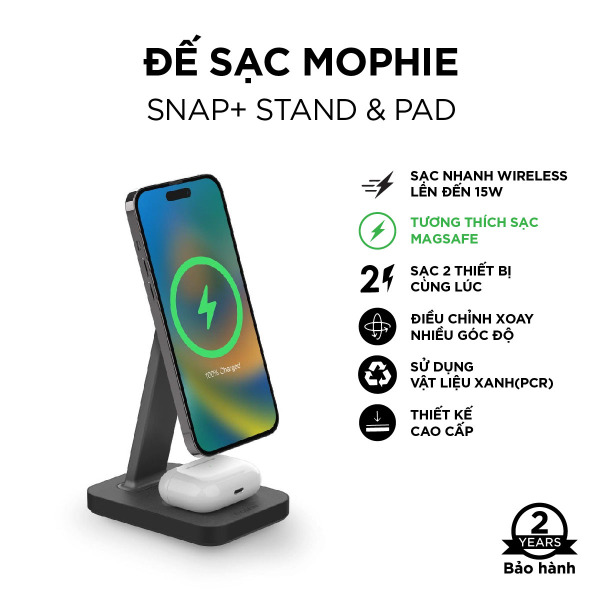 401309750 - Đế sạc không dây Mophie Snap+ 2 in 1 Charge Stand & Pad - 15