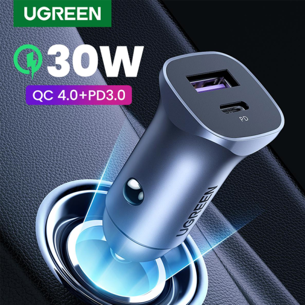 40858 - Tẩu sạc Oto 2 cổng Ugreen 30W PD QC 3.0 - 2