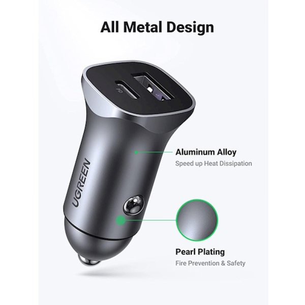 40858 - Tẩu sạc Oto 2 cổng Ugreen 30W PD QC 3.0 - 3