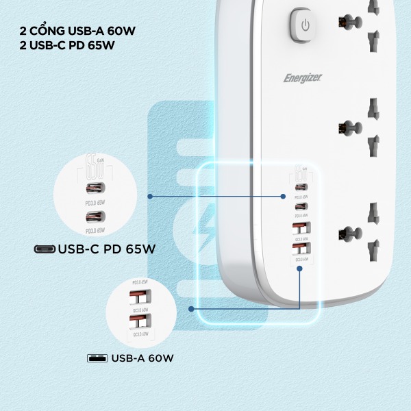EPB3250W00EUWE - Ổ điện đa năng Energizer 3AC kèm 2 x USB-A và 2 x Type-C sạc nhanh PD (Max 65W) - 7