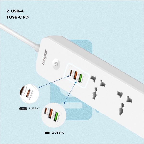 EPB2504EUWE - Ổ điện đa năng Energizer 5AC kèm 2 x USB-A và 1 x Type-C sạc nhanh PD (Max 38W) - 6