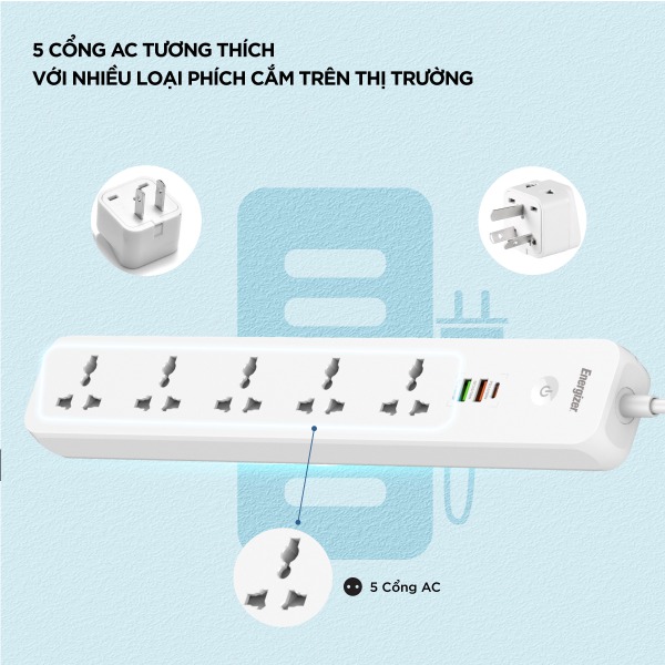 EPB2504EUWE - Ổ điện đa năng Energizer 5AC kèm 2 x USB-A và 1 x Type-C sạc nhanh PD (Max 38W) - 7