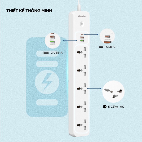 EPB2504EUWE - Ổ điện đa năng Energizer 5AC kèm 2 x USB-A và 1 x Type-C sạc nhanh PD (Max 38W) - 9