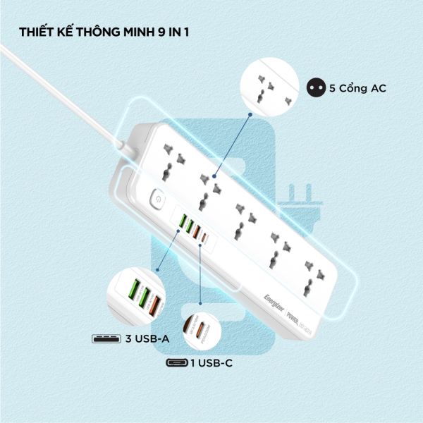 EPB2501EUWE - Ổ điện đa năng Energizer 5AC kèm 3 x USB-A và 1 x Type-C sạc nhanh PD (Max 20W) - 7