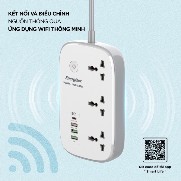 EPB2502EUWE - Ổ điện đa năng Energizer Wifi 3AC kèm 3 x USB-A và 1 x Type-C sạc nhanh PD 30W - 11