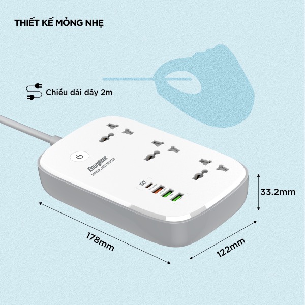 EPB2502EUWE - Ổ điện đa năng Energizer Wifi 3AC kèm 3 x USB-A và 1 x Type-C sạc nhanh PD 30W - 8