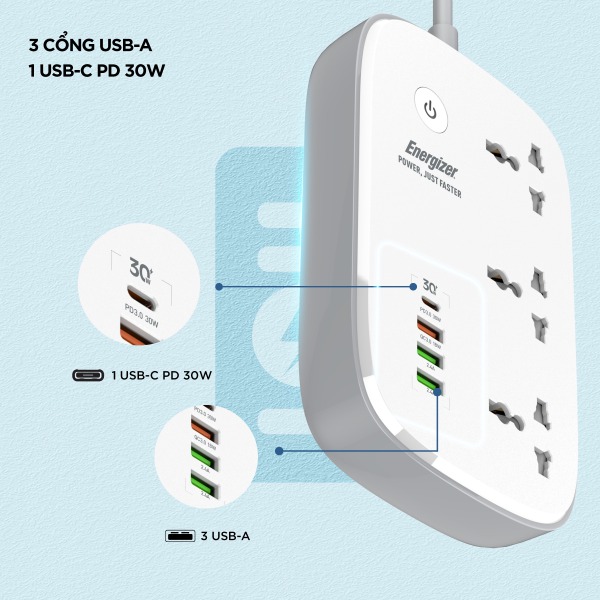 EPB2502EUWE - Ổ điện đa năng Energizer Wifi 3AC kèm 3 x USB-A và 1 x Type-C sạc nhanh PD 30W - 9