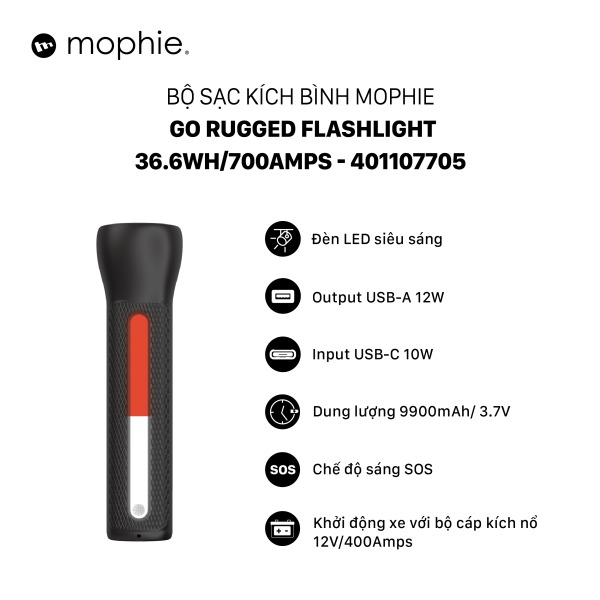 401107705 - Bộ sạc kích bình Mophie GO Rugged Flashlight 36.6Wh 700Amps - 9
