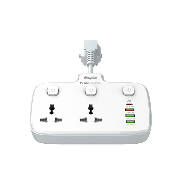 EPB2503EUWE - Ổ điện đa năng Energizer 2AC kèm 3 x USB-A và 1 x Type-C sạc nhanh PD (Max 20W) - 5