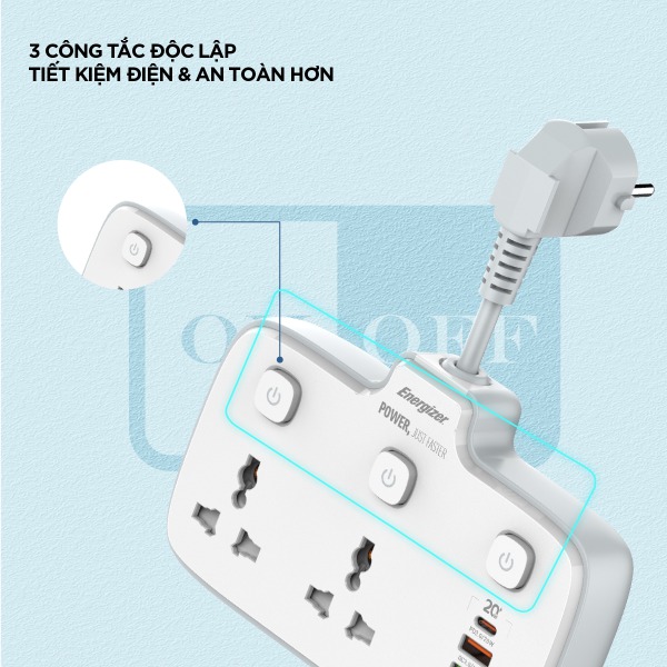 EPB2503EUWE - Ổ điện đa năng Energizer 2AC kèm 3 x USB-A và 1 x Type-C sạc nhanh PD (Max 20W) - 9