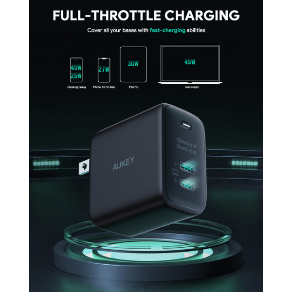 PA-B4T-BLK - Cốc sạc nhanh Aukey 2 cổng 45W GaN PA-B4 (chấu gập) - 8
