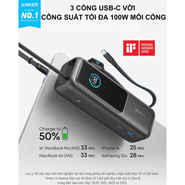 A1695H41 - Pin dự phòng sạc nhanh Anker 25.000 mAh 165W tích hợp cáp rút gọn A1695 - 4
