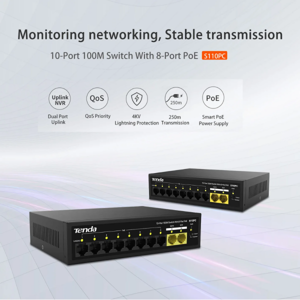 S110PC - Switch Tenda 8-Port PoE công suất 70W, 2-Port Uplink S110PC - 10