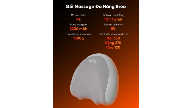Gối massage cổ vai gáy và lưng Breo P2-BREOP2-GRY-18