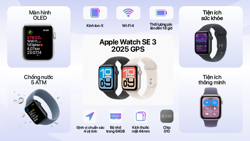 Apple Watch SE 3 2025 GPS 44mm Viền Nhôm Dây Cao Su-MEHN4SA A-2