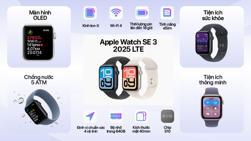 Apple Watch SE 3 2025 LTE 40mm Viền Nhôm Dây Cao Su-MEP64SA A-2
