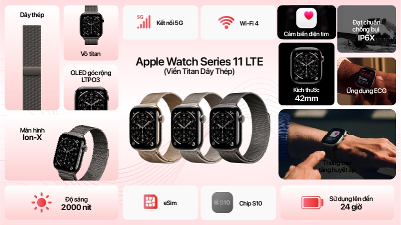Apple Watch Series 11 42mm LTE Viền Titan Dây Thép - Size M L-MF8Y4SA A-2