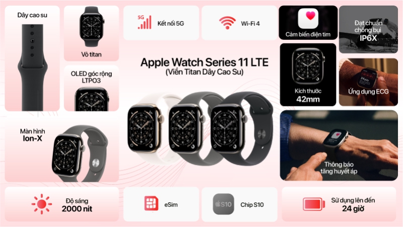 Apple Watch Series 11 42mm LTE Viền Titan Dây Cao Su-APPLE WATCH S11 42 LTE-2