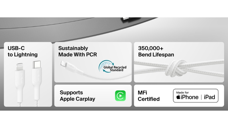 Cáp Type-C to Lightning Belkin 30W 1M bọc dù-CAA022FQ1MWH-5