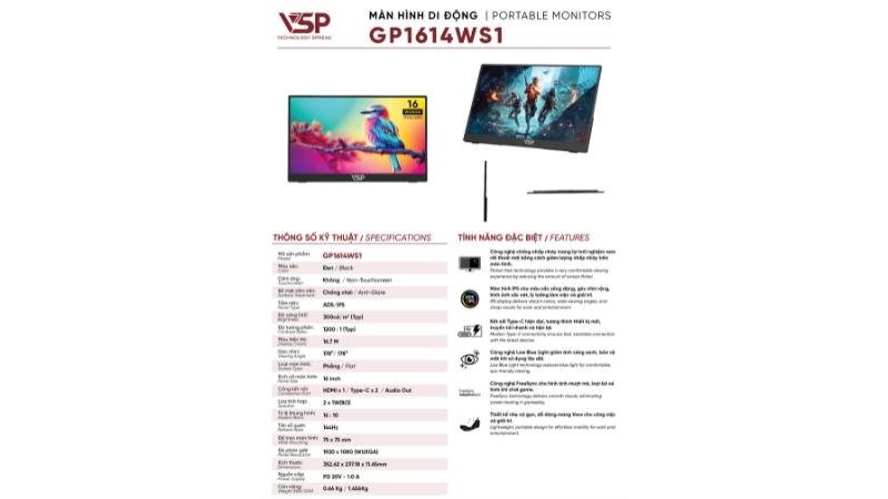 Màn hình di động VSP GP1614WS1 16 inch (IPS WUXGA 144Hz 1ms Non-Touch)-GP1614WS1-8