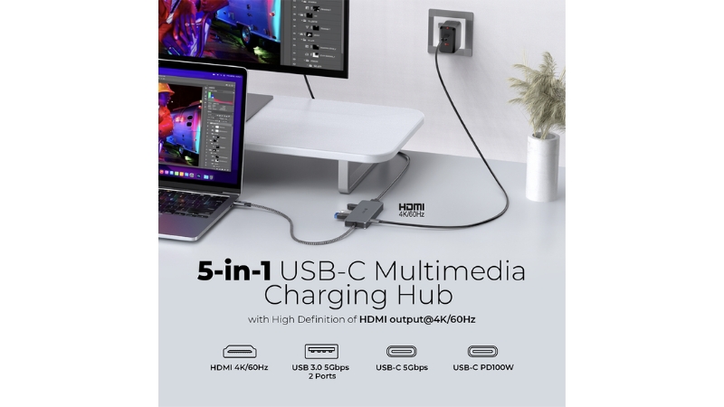 Hub chuyển đổi Type-C Mazer 5 in 1 4K 60Hz 100W Infinite Link Pro Hub-M-Hub60-GY-8
