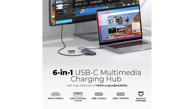 Hub chuyển đổi Type-C Mazer 6 in 1 4K 60Hz 100W Infinite Link Pro Hub-M-Hub61-GY-4