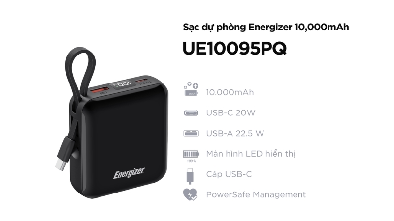 Pin sạc dự phòng Energizer 10.000 mAh 22.5W tích hợp cáp Type-C to Type-C-UE10095PQBK-2
