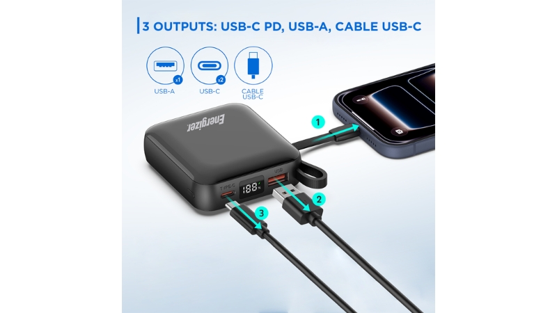 Pin sạc dự phòng Energizer 10.000 mAh 22.5W tích hợp cáp Type-C to Type-C-UE10095PQBK-9