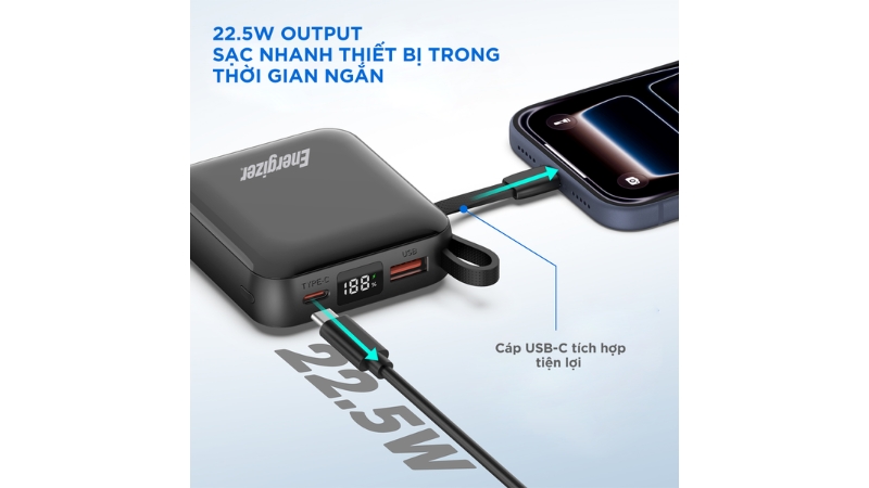 Pin sạc dự phòng Energizer 10.000 mAh 22.5W tích hợp cáp Type-C to Type-C-UE10095PQBK-12