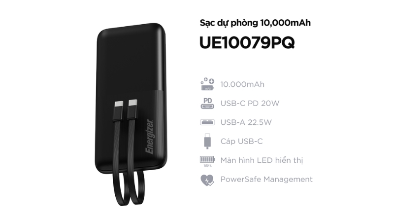 Pin sạc dự phòng Energizer 10.000 mAh 22.5W tích hợp 2 cáp Type-C to Type-C-UE10079PQBK-2
