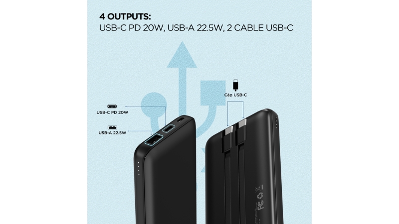 Pin sạc dự phòng Energizer 10.000 mAh 22.5W tích hợp 2 cáp Type-C to Type-C-UE10079PQBK-12