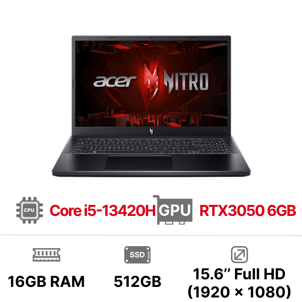 Laptop ACER Nitro V ANV15-51-53DM NH.QN9SV.007 (i5-13420H 16GB 512GB RTX3050 6GB 15.6 inch FHD Win11)