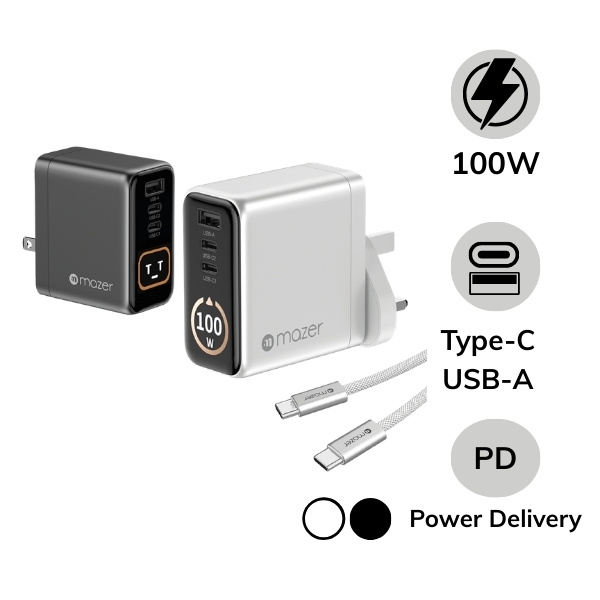 Bộ sạc nhanh Mazer 100W PD kèm cáp Type-C Ai Prestige GaN