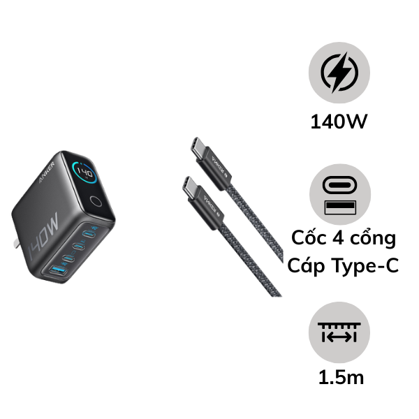 Cốc sạc Anker 140W Zolo 3C1A kèm cáp Type-C B2697