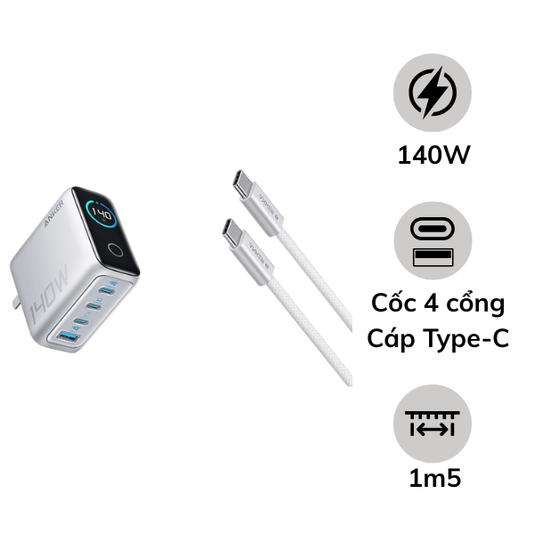 Cốc sạc Anker 140W Zolo 3C1A kèm cáp Type-C B2697