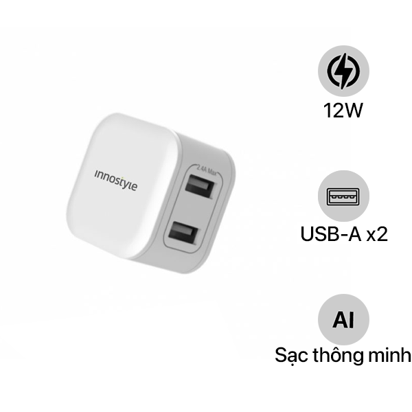 IC12SA - Cốc sạc Innostyle 2 cổng 12W USB-A Minigo 2 Smart Charging Ai