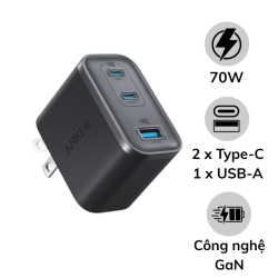 Cốc sạc nhanh Anker 70W Nano 3 cổng 2C1A A121A