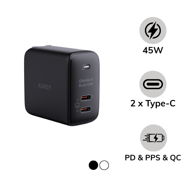 Cốc sạc nhanh Aukey 2 cổng 45W GaN PA-B4 (chấu gập)