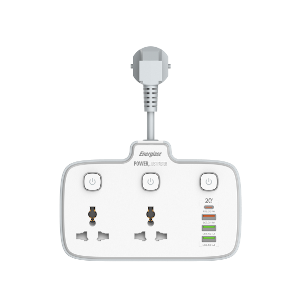 Ổ điện đa năng Energizer 2AC kèm 3 x USB-A và 1 x Type-C sạc nhanh PD (Max 20W)