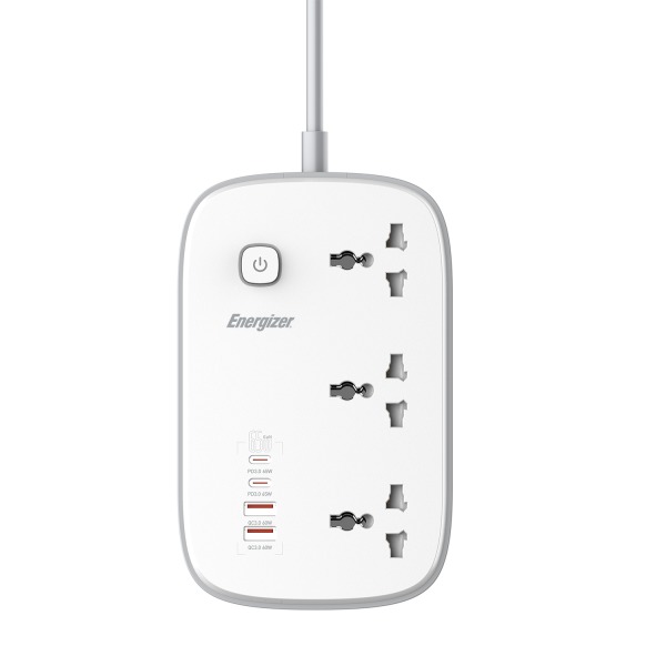 Ổ điện đa năng Energizer 3AC kèm 2 x USB-A và 2 x Type-C sạc nhanh PD (Max 65W)