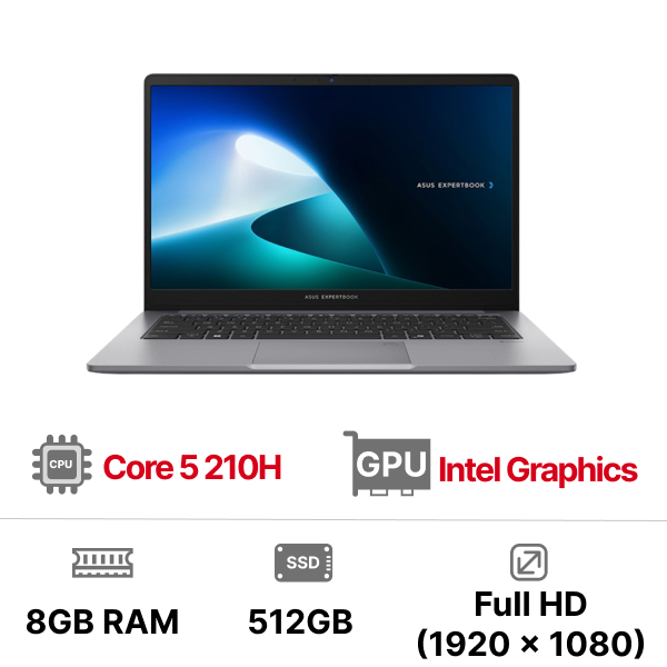 Laptop ASUS ExpertBook P1403CVA-C5H08-50W (Intel Core 5 Processor 210H | Intel Graphics | 14 inch FHD | 8GB | 512GB | Win 11 | Xám)