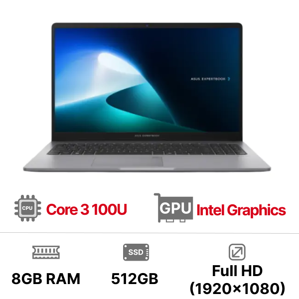 Laptop ASUS ExpertBook P1503CVA-C3U08-50W (Intel Core 3 Processor 100U | Intel UHD | 15.6 inch FHD | 8GB | 512GB | Win 11 | Xám)