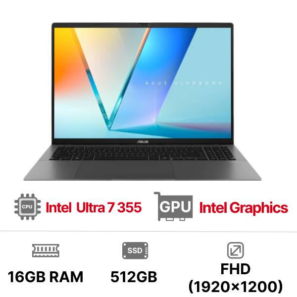 Laptop ASUS Vivobook S16 S3607AA-SH043W (Intel Core Ultra 7 355 | 16GB Onboard DDR5 | 512GB | Intel Graphics | 16 inch WUXGA OLED | Windows 11 | Xám)