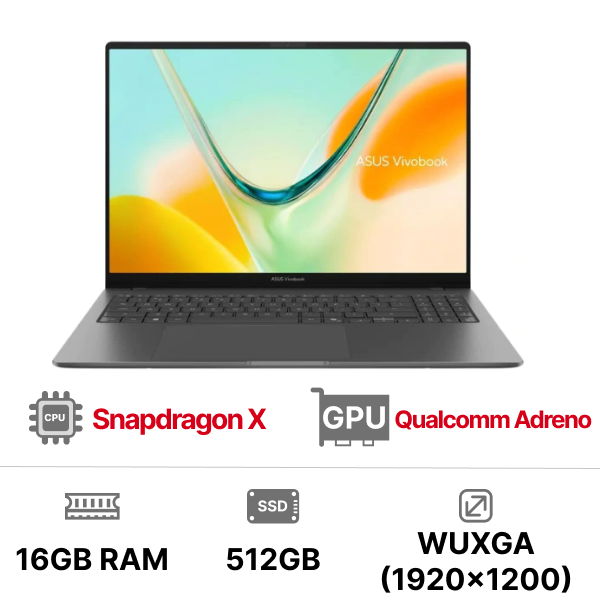 Laptop ASUS Vivobook S16 S5608QA-MB354W (Snapdragon X X1-26-101 | 16GB LPDDR5X | 512GB | Qualcomm Adreno | 16 inch WUXGA | Windows 11 | Xám)
