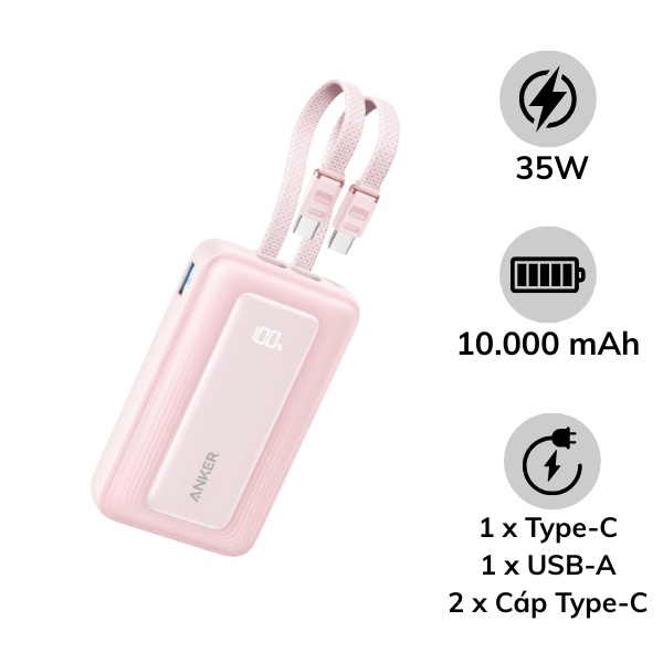 Pin dự phòng Anker Zolo 10.000 mAh 30W tích hợp cáp - Qua Sử Dụng