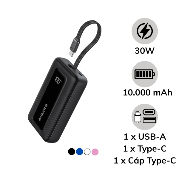 Pin dự phòng Anker Zolo 10.000 mAh 30W tích hợp cáp sạc - Qua Sử Dụng
