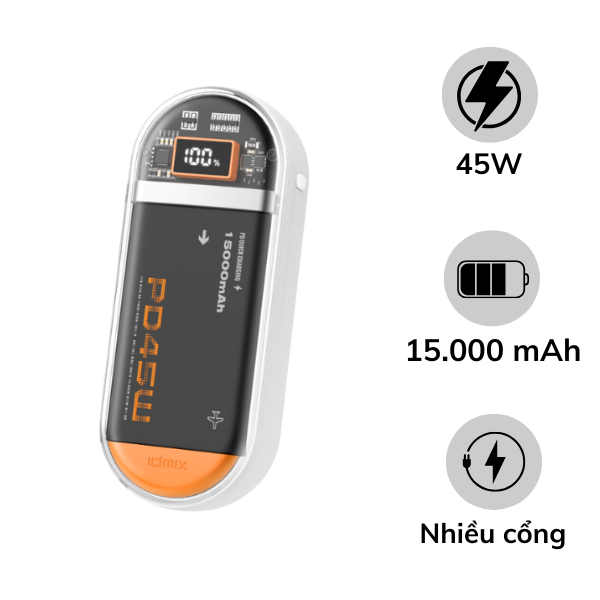 Pin dự phòng sạc nhanh IDMIX 15.000 mAh PD 45W Power Mate P15 Ci Pro
